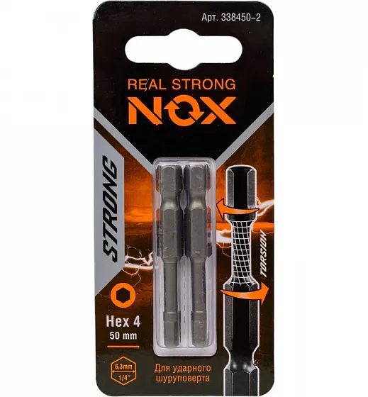 Купить Бита торсионная STRONG 2 шт; HEX4х50 мм; карта; E6.3 NOX 338450-2