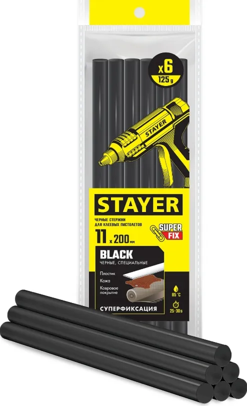 Купить Клеевые стержни STAYER Black 11х200 мм чёрные 6 шт. 2-06821-D-S06