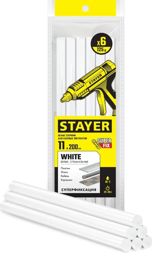 Купить Клеевые стержни STAYER White 11х200 мм белые 6 шт. 2-06821-W-S06