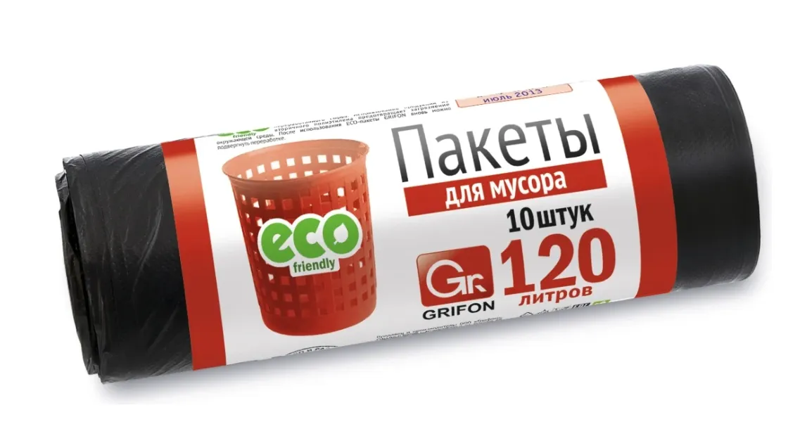Купить Пакеты для мусора GRIFON 120 л, 14 мкм, ПНД черные, 10шт в рулоне, 101-008